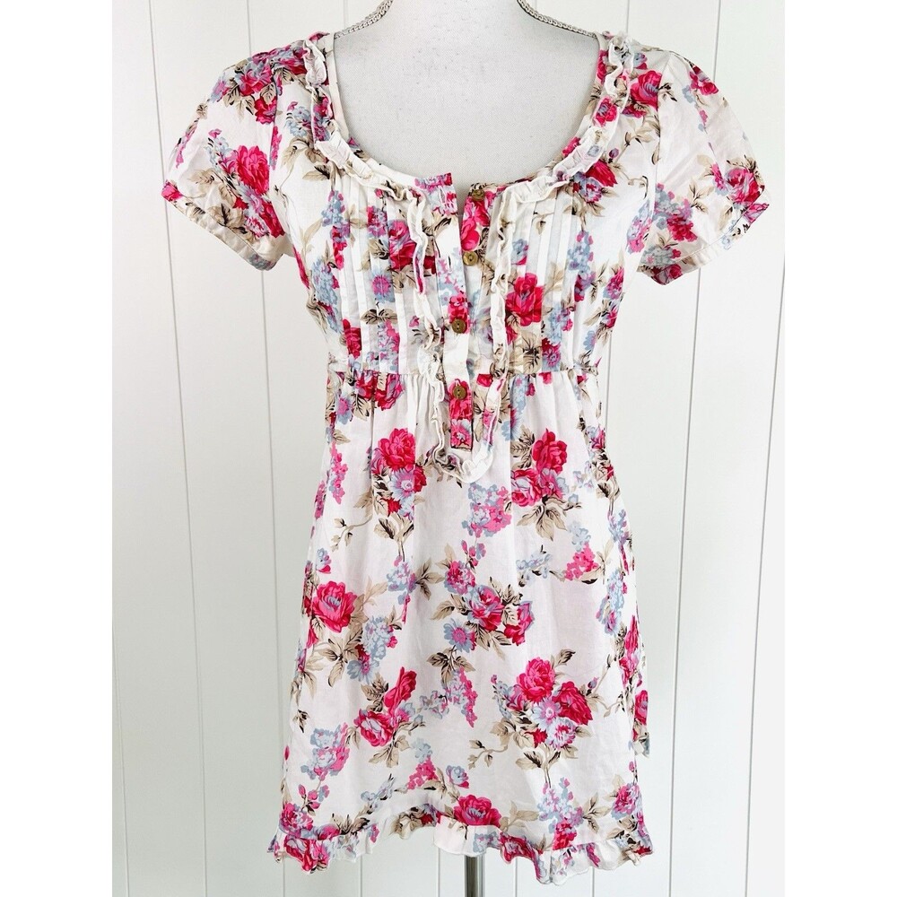 Vintage Y2K Babydoll Floral Pink and Cream Mini Dress Size M